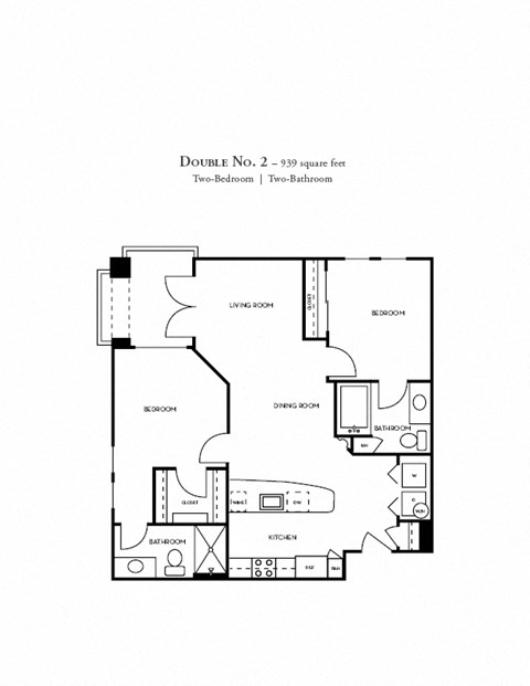 Floor plan for 2 beds, 2 baths, 939 sqft